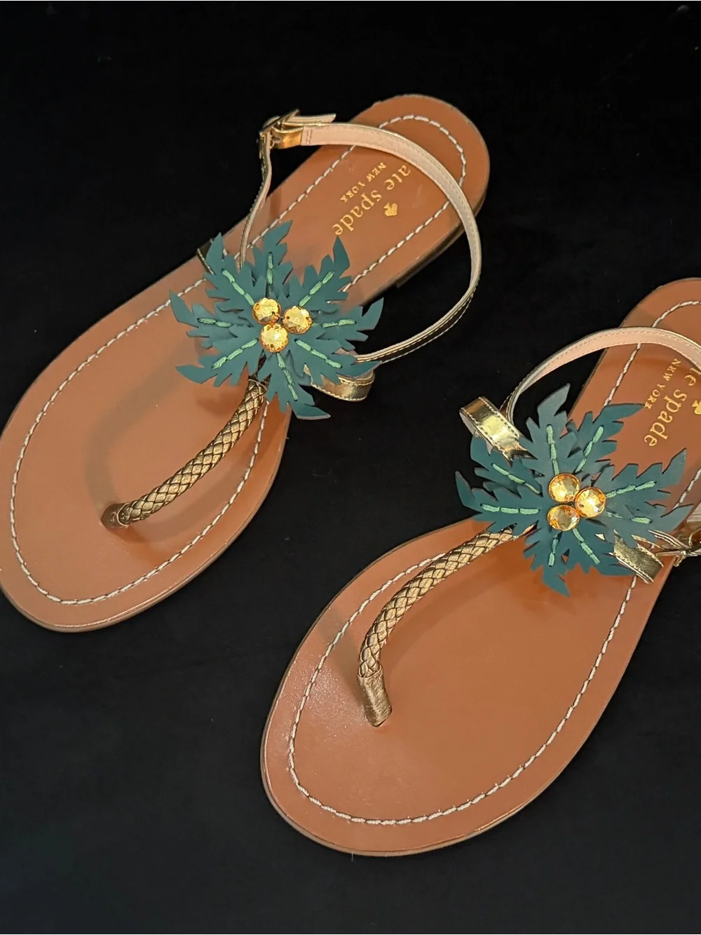 kate spade gold and green floral embossed sole sandals